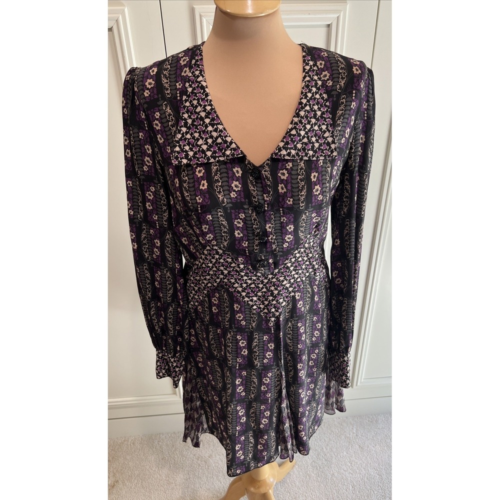 Anna Sui Silk Dress Size 8 Floral Collared 90s Vintage Grunge Whimsigoth Boho